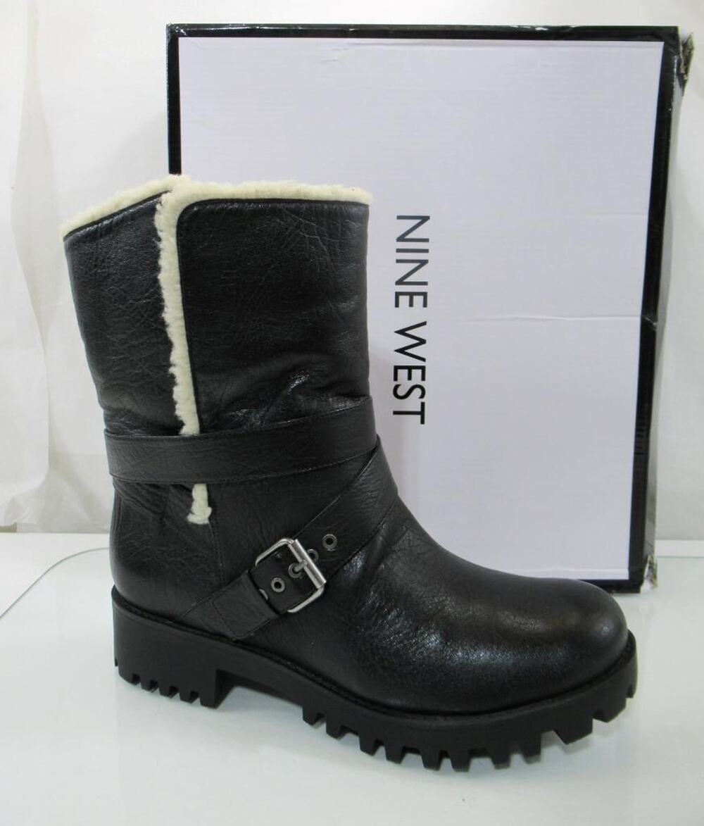 Women's Shoes Nine West Olwyn Motorcycle Ankle Boots Leather Black Size 10